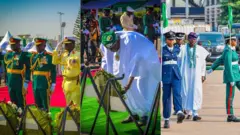Aworan Aarẹ Tinubu, awọn ọgagun lorilẹede NAijiria ati gomina Sanwo-Olu lasiko ayajọ awọn akọni to ṣubu loju ija ni ilu Abuja ati ipinlẹ Eko