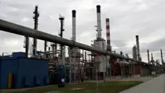 Нефтеперерабатывающий завод: много вертикальных труб и длинная труба, идущая над землей