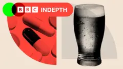 A side-by-side composite. On the left, some pills. On the right, a pint of beer