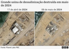 Duas imagens de satélite, uma de abril de 2024 e outra de maio de 2024, mostrando que estação de dessalinização havia sido destruído