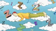 Harfler ve bulutların üzerine uyuyan bir adam illustrasyonu. 