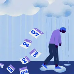 雲の下の雨の中を歩いている落ち込んだ女性のイラスト
