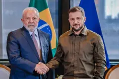 Lula e o presidente da Ucrânia, Volodymyr Zelensky, durante reunião em Nova York, em setembro de 2023
