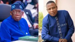 Aarẹ Bola Tinubu wọ aṣọ buba buluu pẹlu fila lori, Sunday Igboho naa wọ aṣo buba buluu 