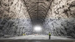 Caverna com trabalhadores no fundo