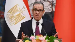 የግብፁ ውጭ ጉዳይ ሚኒስትር ባድር አብድላቲ ጋዜጣዊ መግለጫ ሲሰጡ 