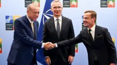 Pirezidantii Turkii Reseeph Xayiib Erdowaan fi MM Siwiidiin Ulf Kristersson yeroo Barreessaa Olaanaa NATO waliin harka wal fuudhan 