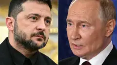 الرئيس الروسي فلاديمير بوتن (إلى اليمين) والرئيس الأوكراني فولوديمير زيلنسكي (إلى اليسار).