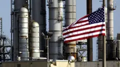 A US flag outside Chevron's oil refinery in Pascagoula, Mississippi