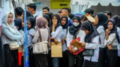 Sejumlah pencari kerja antre melamar kerja saat pameran bursa kerja di Pandeglang, Banten, Selasa (14/5/2024). 