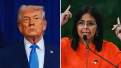 Collage image of President Donald Trump wit blue suit and light blue tie, and Venezuela vice president Delcy Rodriguez