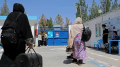 تصویر دو زن بازگشته در یکی از مراکز پذیرش مهاجران وابسته به ملل متحد. این زنان با اندک وسایل دست داشته شان که شامل یک بیک می‌شود راهی افغانستان شده‌اند. یکی از این زنان یک دیک بخار نیز به دستش است. در تصویر چند مأمور کارمند در این مرکز نیز به چشم می‌خورند. 