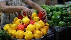 বাংলাদেশের শহরাঞ্চলে বাজার ছাড়াও পাড়া মহল্লায় দোকানিরা এভাবে ক্যাপসিকাম বিক্রি করেন। ছবিটি ঢাকার একটি কাঁচা বাজার থেকে তোলা। 