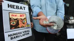 Aktivis Aliansi Elemen Sipil berunjuk rasa di depan Kantor Direktorat Jenderal Pajak, Jakarta, Jumat (3/3). Dalam aksi bertajuk Koin Peduli untuk Ditjen Pajak tersebut, para pengunjuk rasa mendesak  audit seluruh harta kekayaan pejabat tinggi di lingkungan Ditjen Pajak.