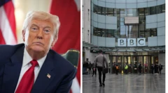 Trump'ın arkasında bayraklar ve BBC logosunu da gösteren bina önünde toplanmış insanlardan oluşan bir kolaj