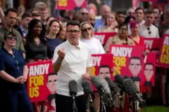 Andy Burnham speaks as he celebrates his victory in yesterday's Makerfield by-election, at Ashton Town Football Club, on June 19, 2026