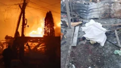 Фото, поширені очільником окупаційної адміністрації Херсонщини Володимиром Сальдо, із, як він стверджує, місця удару по кафе у селищу Хорли