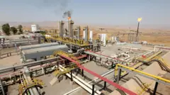 Petrol tesisinin fotoğrafı. Bir bacadan alev çıkıyor.