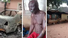 Collage of burnt house, car and injured old man