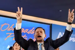 Primeiro ministro de Portugal, Luis Montenegro do Partido Social Democrata (PSD) e líder da Aliança Democrática (AD) comemora vitória nas eleições em Lisboa, no dia 19 de maio