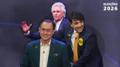 Montagem mostra, da esquerda para direita, os candidatos Augusto Cury, Renan Santos e Ronaldo Caiado