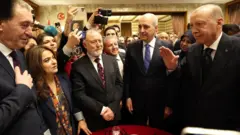 Meclis’te TBMM Başkanı Numan Kurtulmuş'un ev sahipliği yaptığı 23 Nisan resepsiyonunda Cumhurbaşkanı Recep Tayyip Erdoğan, DEM Partililerle selamlaşıyor