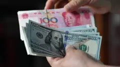 A woman arranges Chinese RMB and US dollars in Fuyang City, Anhui Province, China, Sept 13, 2022.