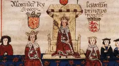 Эдуард I с повелителями Шотландии и Уэльса. Иллюстрация из средневекового манускрипта.