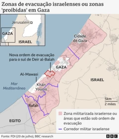 Mapa mostrando as áreas de evacuação de Gaza