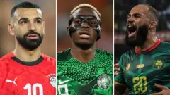 Un triptyque représentant Mohamed Salah avec le maillot rouge de l'Egypte, Victor Osimhen avec le maillot vert du Nigeria et Bryan Mbeumo avec le maillot vert du Cameroun.