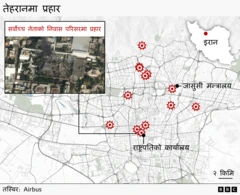 तेहरानका महत्त्वपूर्ण स्थानहरू देखाउने नक्सा