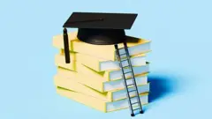 На стос книг обіперта драбина, зверху на книгах - квадратна академічна шапочка "конфедератка", як символ здобутої вищої освіти. 