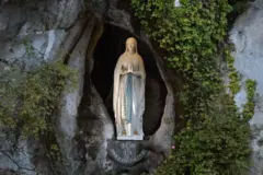 Imagem de Maria em uma gruta com folhas ao redor