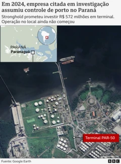 Mapa indicando localização por satélite de um terminal à beira do mar em Paranaguá, no litoral do Paraná