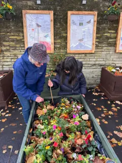 Uma mulher idosa e uma criança em um jardim comunitário