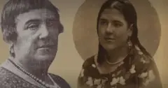 Montagem com foto antiga de duas mulheres, uma idosa e outra jovem