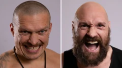 Split image of Oleksandr Usyk and Tyson Fury shouting into the camera