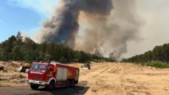 Vatrogasni kamion, ogroman oblak dima koji se izdiže 