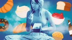 devojka sedi i jede sladoled, oko nje lebde krofna, kolačići, hleb, peciva