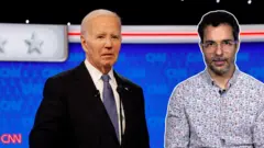 O repórter João Fellet sobre fundo com a imagem do presidente Joe Biden durante o debate