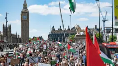 يحمل مشاركون في المظاهرة العلم الفلسطيني (أسود، أبيض، أخضر، ومثلث أحمر). أعداد كبيرة تشارك في المظاهرة ويحملون يافطات كتب عليها باللغة الإنجليزية دعوات لوقف إطلاق النار والحرية للفلسطينيين. المظاهرة كانت نهاراً وفي الخلفية ساعة بج بن.