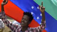 A protester waves the unofficial turqouisem blue and red Sidama flag