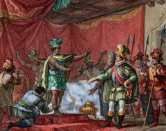 Grabado de Hernán Cortés y Moctezuma II