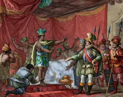 Grabado de Hernán Cortés y Moctezuma II