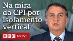 Montagem com paciente em maca e rosto de Jair Bolsonaro com frase "Na mira da CPI por isolamento vertical