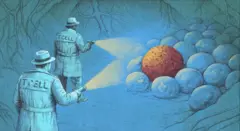 Малюнок - двоє людей із ліхтариками підходять до купи кульок, одна з яких має інший колір