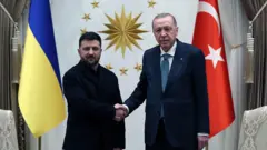 Zelenskiy ve Erdoğan ayakta el sıkışırken, arkalarında iki ülkenin bayrakları ve aralarından görülen duvarda da Cumhurbaşkanlığı Forsu görülüyor