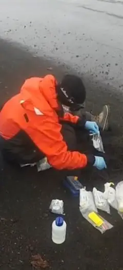 Uma pessoa sentada no chão coletando algo na terra