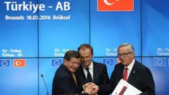 Üç takım elbiseli erkek el ele tutuşmuş, hepsi gülüyor. Arkada mavi fonda Türkiye ve AB yazıyor. 