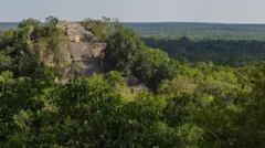 Uma fotografia das ruínas da pirâmide do templo maiapolitica betanoCalakmulpolitica betanoCampeche, México